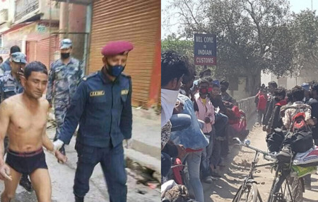 महाकालीमा पौडेर वारि आएका नेपाली (बाँया) र रक्सौल नाकामा अलपत्र परेका भारतीय (दाँया)।