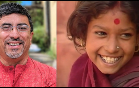 केदार शर्मा (बायाँ) र फिल्म 'उजेली'को दृश्यमा मुख्य पात्र वृन्दा अधिकारी।