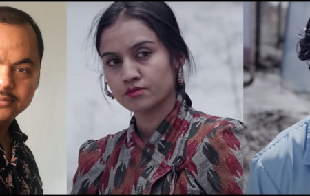 गीतकार हर्क साउद (बायाँ) र 'के माया लाग्छ र' गीतमा देखिएका सुरबिना कार्की र मुकुन भुसाल।