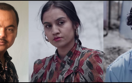 गीतकार हर्क साउद (बायाँ) र 'के माया लाग्छ र' गीतमा देखिएका सुरबिना कार्की र मुकुन भुसाल।