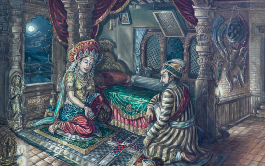 चित्रकार हरिप्रसाद शर्माले बनाएको पेन्टिङ, जसमा राजा जयप्रकाश मल्ल तलेजु भवानीसँग पासा खेल्दै छन्।